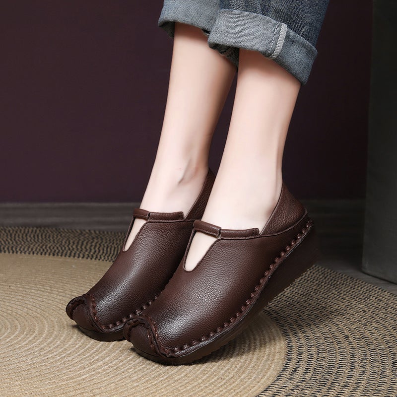 Autum First-Layer Cowhide Handmade Retro Genuine Leather Casual Wedge Heel Slip-On Shoes For Mothers - Image 4